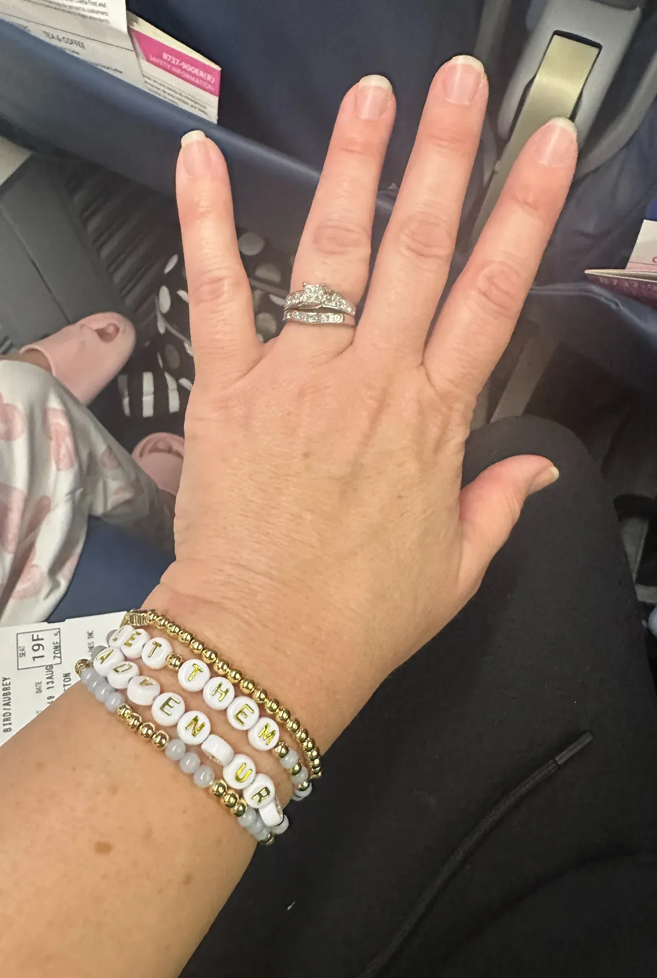 No pics of Theo peeing down my leg or Tristan puking. Instead, here are my reminders to stay positive. My amazing friend, Nicole got me this bracelet, I saved it to wear for the first time on the flght.